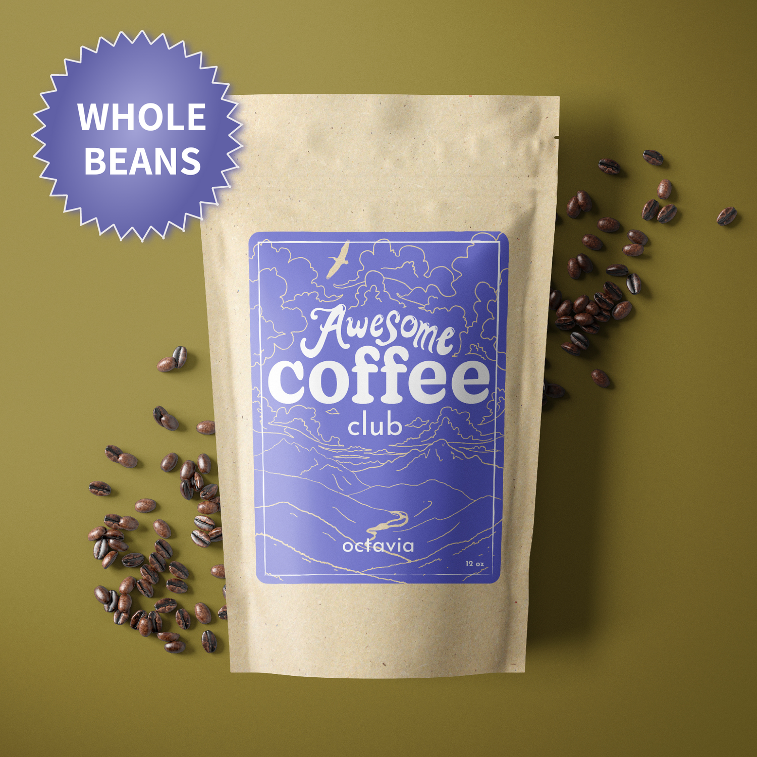A photo of a brown bag of coffee with a light purple label that shows a mountain scene and has the text "Awesome Coffee Club; Octavia". The bag sites atop a dark yellow/green background with whole beans spread around it. There is a purple badge in the lefthand corner that reads "Whole Beans".