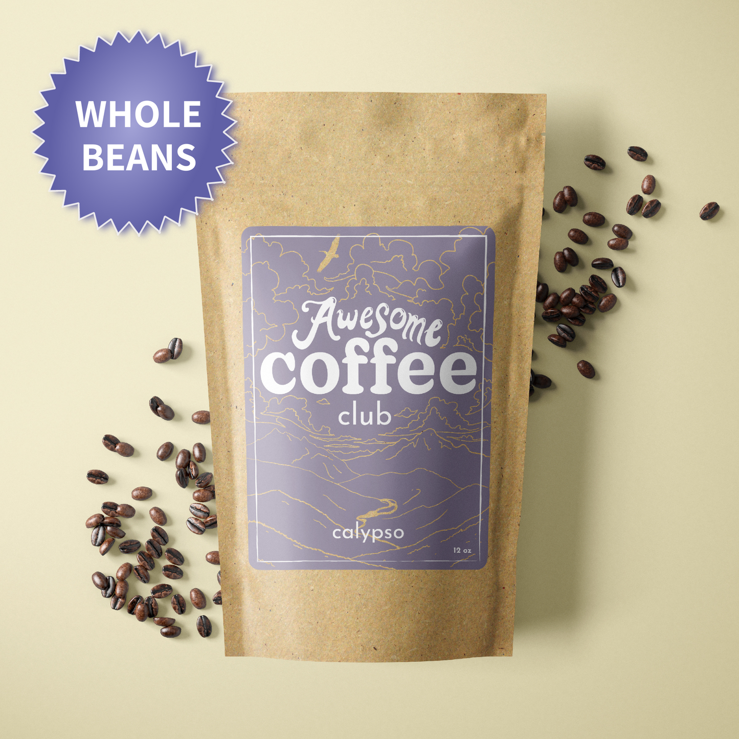 A photo of a brown bag of coffee with a light purple label that shows a mountain scene and has the text "Awesome Coffee Club; Calypso". The bag sites atop a light green background with whole coffee beans spread around it. There is a purple badge in the lefthand corner that reads "Whole Beans". 