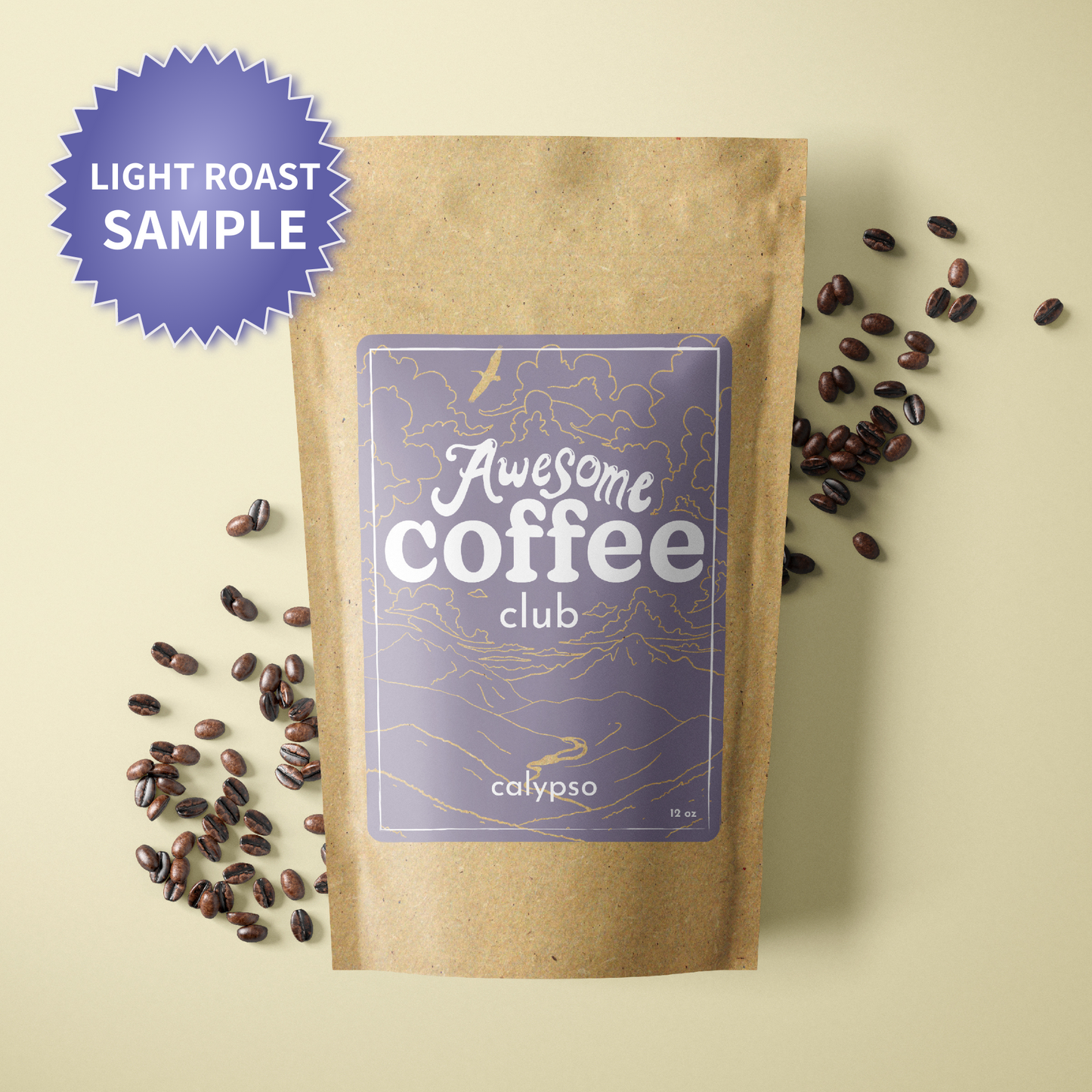 A photo of a brown bag of coffee with a light purple label that shows a mountain scene and has the text "Awesome Coffee Club; Calypso". The bag sites atop a light green background with whole coffee beans spread around it. There is a purple badge in the lefthand corner that reads "Light Roast Sample". 