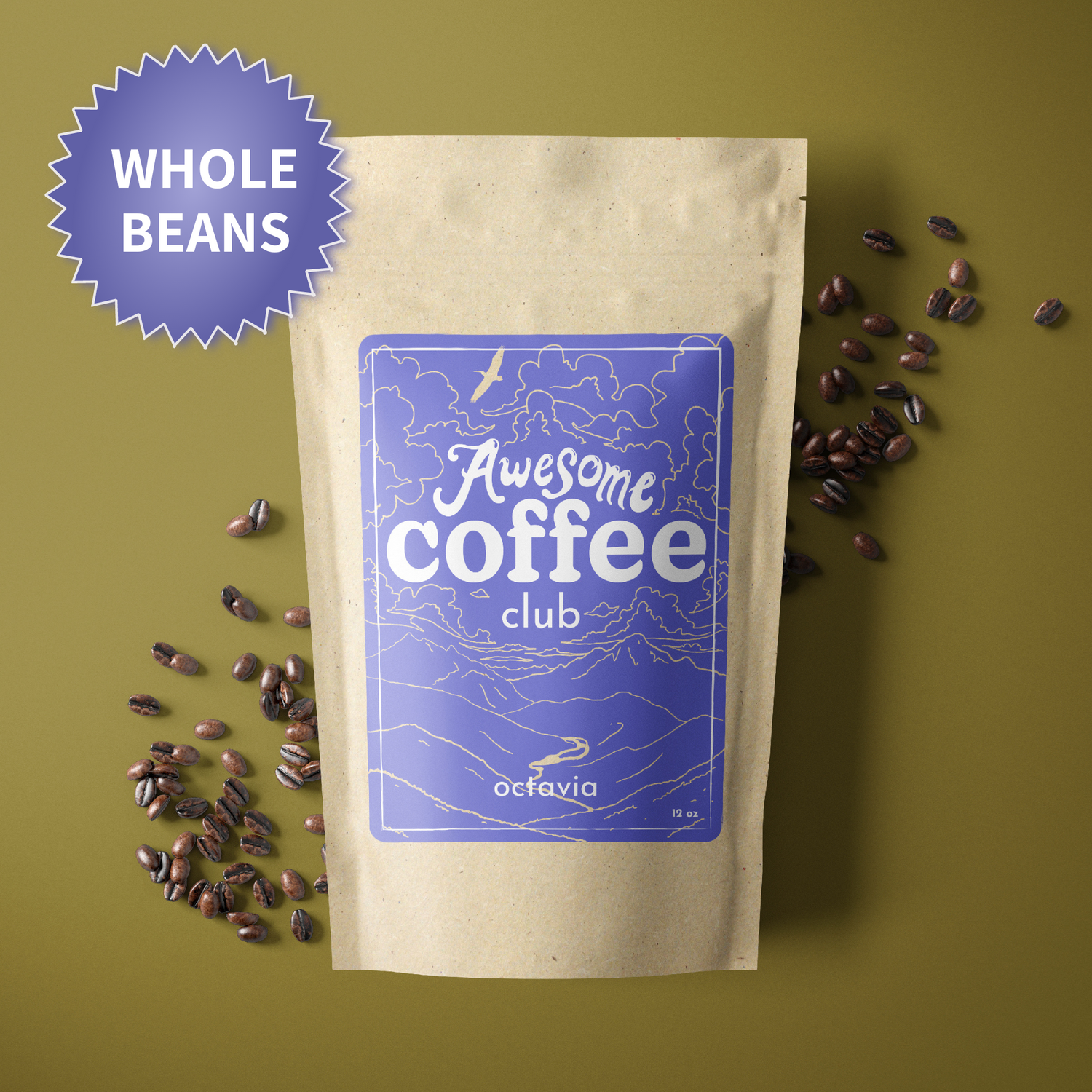 A photo of a brown bag of coffee with a light purple label that shows a mountain scene and has the text "Awesome Coffee Club; Octavia". The bag sites atop a dark yellow/green background with whole beans spread around it. There is a purple badge in the lefthand corner that reads "Whole Beans". 